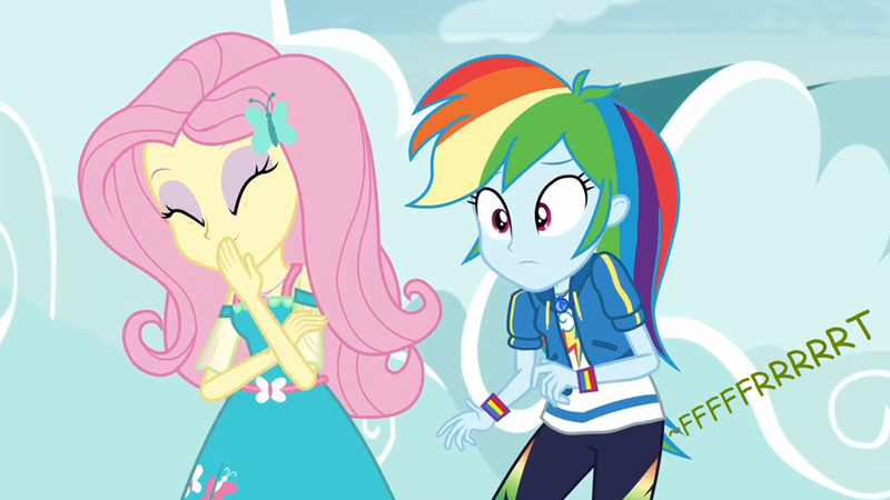 Size: 960x540 | Tagged: suggestive, artist:thedarkpony, derpibooru import, edit, edited screencap, screencap, fluttershy, rainbow dash, equestria girls, equestria girls series, rollercoaster of friendship, clothes, fart, fart edit, fart noise, female, image, onomatopoeia, pants, png, sound effects