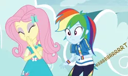 Size: 958x567 | Tagged: suggestive, alternate version, artist:thedarkpony, derpibooru import, edit, edited screencap, screencap, fluttershy, rainbow dash, equestria girls, accident, clothes, fart, fart noise, female, fetish, image, implied messing, implied pooping, implied scat, messing, onomatopoeia, panties, pants, pantypoop, png, scat, sound effects, underwear