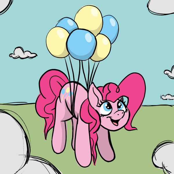 Size: 2145x2145 | Tagged: safe, artist:doodledonutart, derpibooru import, pinkie pie, earth pony, pony, adventure, atg 2022, balloon, cloud, female, floating, high res, image, looking up, mare, newbie artist training grounds, open mouth, open smile, png, smiling, solo, then watch her balloons lift her up to the sky