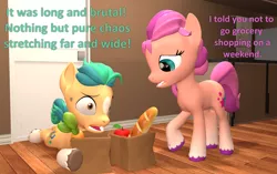 Size: 1718x1080 | Tagged: safe, artist:red4567, derpibooru import, hitch trailblazer, sunny starscout, earth pony, pony, 3d, apple, atg 2022, bag, baguette, blaze (coat marking), bread, carrot, coat markings, dialogue, duo, duo male and female, facial markings, female, food, g5, groceries, image, male, mare, newbie artist training grounds, paper bag, png, socks (coat marking), source filmmaker, stallion, unshorn fetlocks