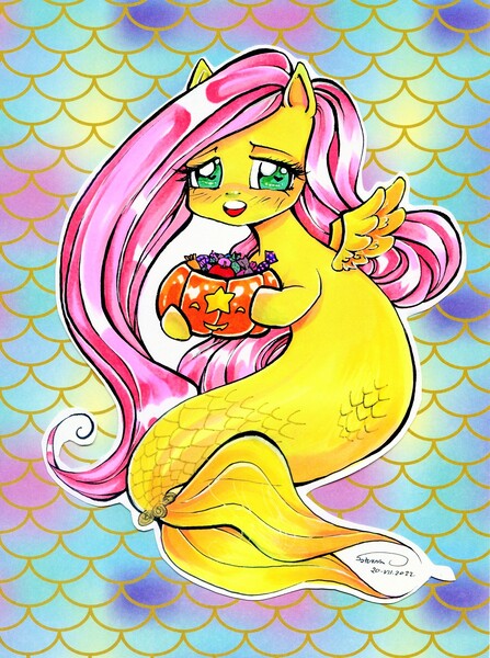 Size: 2005x2691 | Tagged: safe, artist:nanako87, derpibooru import, fluttershy, pony, seapony (g4), abstract background, candy, cute, daaaaaaaaaaaw, female, food, hoof hold, image, jpeg, mare, pumpkin bucket, seaponified, seapony fluttershy, shyabetes, signature, solo, species swap