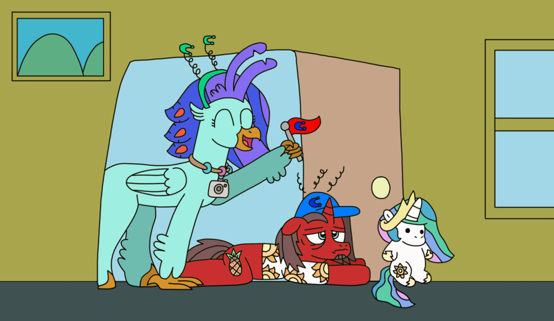 Size: 3224x1871 | Tagged: safe, artist:supahdonarudo, derpibooru import, princess celestia, oc, oc:ironyoshi, oc:sea lilly, unofficial characters only, classical hippogriff, hippogriff, original species, plush pony, pony, unicorn, camera, clothes, door, exhausted, flag, hat, headband, holding, image, jewelry, lying down, necklace, plushie, png, prone, shirt, tired, window