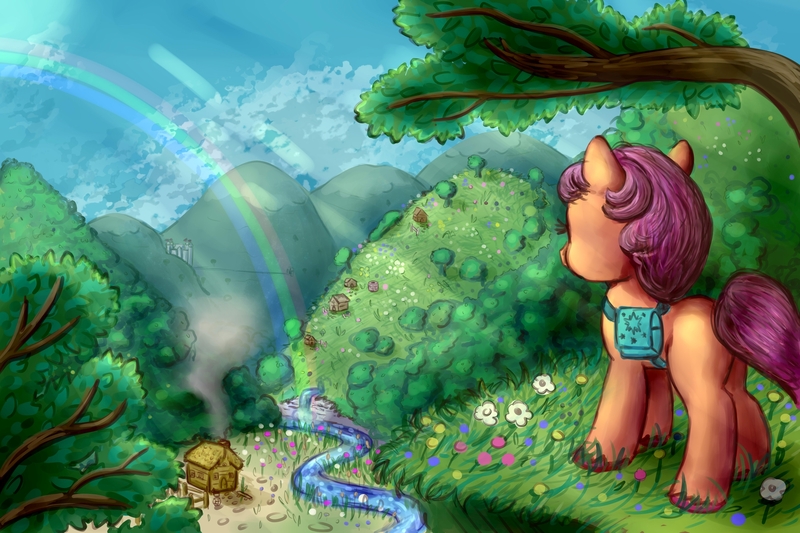 Size: 2000x1333 | Tagged: safe, artist:nedemai, derpibooru import, sunny starscout, earth pony, pony, adventure, atg 2022, bag, castle, female, flower, g5, house, image, jpeg, mare, newbie artist training grounds, rainbow, river, saddle bag, solo, tree, twilight sparkle's cutie mark, water