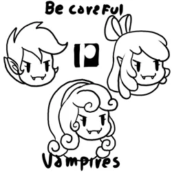 Size: 450x450 | Tagged: safe, artist:the-butch-x, derpibooru import, apple bloom, scootaloo, sweetie belle, undead, vampire, equestria girls, apple bloom's bow, black and white, bow, cutie mark crusaders, fangs, female, grayscale, hair bow, image, monochrome, patreon, patreon logo, png, sharp teeth, smiling, teeth, trio, trio female