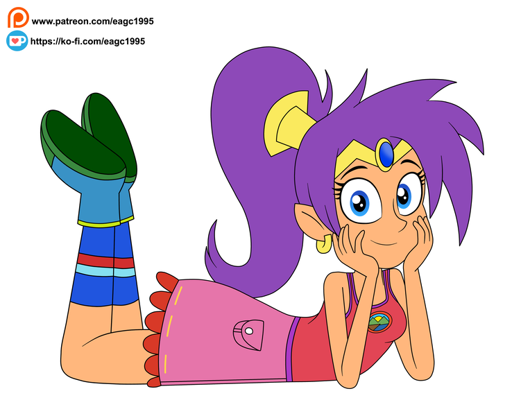 Size: 2745x2193 | Tagged: safe, artist:eagc7, derpibooru import, genie, human, equestria girls, legend of everfree, bare shoulders, camp everfree outfits, clothes, ear piercing, earring, equestria girls-ified, female, hands on cheeks, image, jewelry, looking at you, lying down, piercing, png, shantae, shantae (character), shoes, simple background, skirt, sleeveless, socks, solo, tanktop, white background