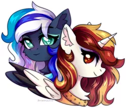 Size: 2322x1999 | Tagged: safe, artist:leah minik, derpibooru import, oc, oc:flaming dune, oc:morningstar darkwater, unofficial characters only, alicorn, pegasus, pony, alicorn oc, bust, chest fluff, eyeshadow, female, gradient eyes, green eyes, horn, image, looking at someone, looking at you, makeup, mare, multicolored mane, pegasus oc, png, portrait, red eyes, red mane, smiling, wings