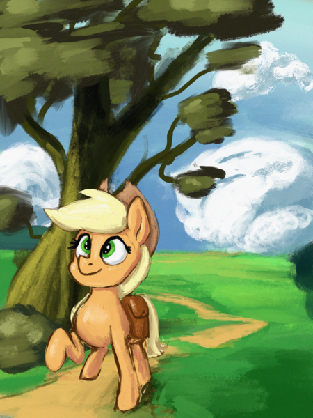 Size: 2048x2732 | Tagged: safe, artist:phutashi, derpibooru import, applejack, earth pony, pony, atg 2022, female, image, looking up, mare, newbie artist training grounds, png, raised hoof, road, smiling, tree, walking