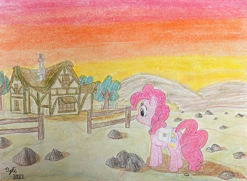 Size: 3746x2746 | Tagged: safe, artist:opti, derpibooru import, pinkie pie, pony, atg 2022, bag, butt, fence, hill, house, image, jpeg, newbie artist training grounds, plot, rock, rock farm, saddle bag, sunset, tree