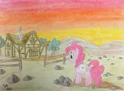 Size: 3746x2746 | Tagged: safe, artist:opti, derpibooru import, pinkie pie, pony, atg 2022, bag, butt, fence, hill, house, image, jpeg, newbie artist training grounds, plot, rock, rock farm, saddle bag, sunset, tree