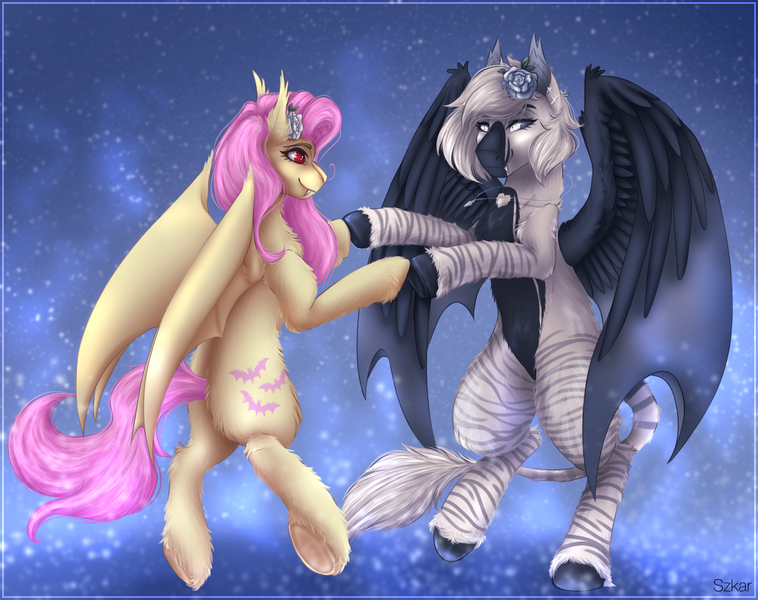 Size: 1400x1108 | Tagged: safe, artist:catbrushes, derpibooru import, fluttershy, oc, oc:devil, bat pony, hybrid, pony, zebra, bat ponified, bat pony oc, bat wings, bipedal, commission, dancing, duo, fangs, female, flower, flower in hair, flutterbat, holding hooves, image, mare, png, race swap, unshorn fetlocks, wings, zebra hybrid, zebra oc