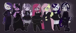 Size: 3368x1480 | Tagged: safe, artist:cosmiccrayons, artist:cosmiiccrayons, derpibooru import, fluttershy, funnel web, inky rose, izzy moonbow, moonlight raven, pinkie pie, snow hope, anthro, earth pony, pegasus, pony, unicorn, boots, choker, clothes, ear piercing, earring, eyebrow piercing, eyeshadow, female, fishnets, fluttergoth, g5, gem, goth, goth izzy, hand on hip, horn, image, jewelry, lidded eyes, looking at each other, looking at someone, makeup, male, mare, necklace, one eye closed, piercing, pinkamena diane pie, png, shoes, skirt, spiked choker, stallion, tongue piercing, wings, wink