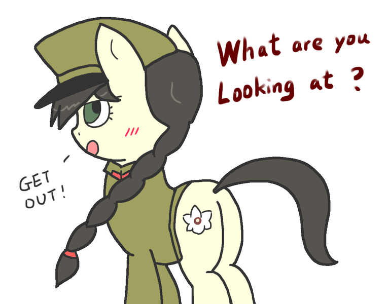 Size: 1213x951 | Tagged: safe, artist:foxy1219, derpibooru import, oc, oc:mokran, unofficial characters only, braid, butt, clothes, female, image, military uniform, north korea, plot, png, simple background, solo, tsundere, uniform, white background