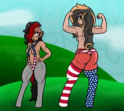 Size: 1300x1164 | Tagged: safe, artist:lazerblues, derpibooru import, oc, oc:bella, oc:darcy, satyr, 4th of july, abs, american flag bikini, flex, holiday, image, offspring, parent:big macintosh, parent:oc:miss eri, png