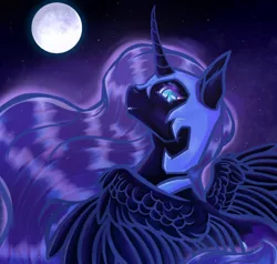 Size: 1280x1219 | Tagged: safe, artist:kittyheartlove, derpibooru import, nightmare moon, alicorn, pony, blue eyes, blue mane, colored pupils, curved horn, digital art, fangs, feather, female, flowing mane, helmet, horn, image, jpeg, looking at you, mare, moon, moonlight, night, sky, smiling, solo, spread wings, stars, teeth, wings