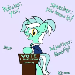 Size: 2000x2000 | Tagged: safe, artist:dafiltafish, derpibooru import, lyra heartstrings, pony, unicorn, atg 2022, creepy, creepy smile, grin, image, newbie artist training grounds, png, politics, simple background, smiling, solo, text, vote