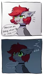 Size: 707x1200 | Tagged: safe, artist:swaybat, derpibooru import, oc, oc:swaybat, unofficial characters only, bat pony, pony, chest fluff, choker, comic, dialogue, image, instant loss 2koma, jpeg, lidded eyes, scared, smiling, smug, surprised, sweat