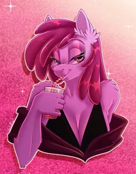 Size: 1605x2048 | Tagged: safe, artist:unfinishedheckery, derpibooru import, berry punch, berryshine, earth pony, bedroom eyes, breasts, busty berry punch, clothes, commission, digital art, dress, drinking, female, image, jpeg, pose, simple background, solo