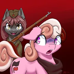 Size: 2000x2000 | Tagged: safe, alternate version, oc, oc:aunt eva, oc:veronika, unofficial characters only, pony, cleft lip, clothes, female, floppy ears, gradient background, gun, image, looking at each other, looking at you, mare, png, red background, rifle, scared, scarf, signature, simple background, weapon