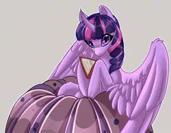 Size: 2048x1592 | Tagged: safe, artist:unfinishedheckery, derpibooru import, twilight sparkle, twilight sparkle (alicorn), alicorn, pony, book, bookhorse, digital art, female, horn, image, jello, jpeg, looking at you, mare, simple background, solo, spread wings, wings