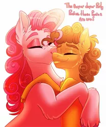 Size: 1707x2048 | Tagged: safe, artist:unfinishedheckery, derpibooru import, cheese sandwich, pinkie pie, earth pony, pony, cheesepie, cuddling, dialogue, digital art, duo, eyes closed, female, image, jpeg, kiss on the cheek, kissing, male, mare, shipping, simple background, stallion, straight, talking, text