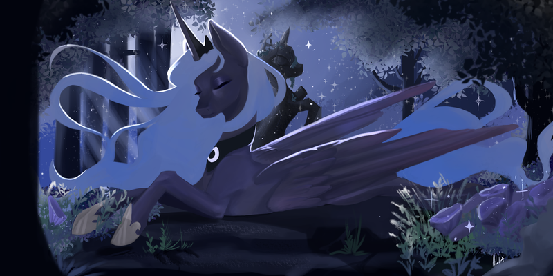 Size: 3000x1500 | Tagged: safe, artist:starlesssky665, derpibooru import, nightmare moon, princess luna, alicorn, crown, digital art, eyelashes, eyes closed, female, flower, flowing mane, flowing tail, forest, grass, hoof shoes, image, jewelry, lying down, moonlight, necklace, night, plant, png, regalia, solo, sparkles, starry night, stars, statue, tail, tree, wings