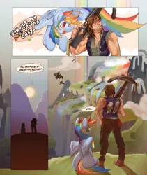 Size: 1080x1277 | Tagged: safe, artist:goathics_chaotic, derpibooru import, rainbow dash, human, pegasus, cigarette, clothes, comic, crossover, detailed background, duo, image, jpeg, open mouth, scenery, the walking dead, unamused, weapon