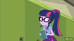 Size: 640x360 | Tagged: safe, derpibooru import, screencap, pinkie pie, sci-twi, twilight sparkle, equestria girls, equestria girls series, stressed in show, stressed in show: pinkie pie, spoiler:eqg series (season 2), animated, book, bowtie, clothes, cutie mark, cutie mark on clothes, duo, duo female, eyes closed, female, geode of sugar bombs, geode of telekinesis, gif, gifs.com, glasses, image, lockers, magical geodes, one eye closed, open mouth, open smile, ponytail, shrunken pupils, smiling, tanktop