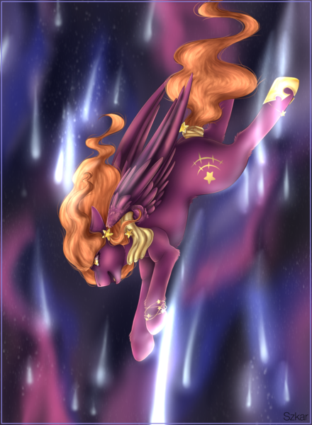 Size: 1100x1500 | Tagged: safe, artist:szkar, derpibooru import, oc, oc:astra line, pegasus, pony, female, flying, image, night, night sky, open mouth, png, shooting star, sky, solo, stars