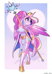 Size: 2766x3945 | Tagged: safe, alternate version, artist:lummh, derpibooru import, part of a set, princess cadance, alicorn, anthro, unguligrade anthro, abstract background, beautiful, beautisexy, big breasts, breasts, cloak, cloaked, clothes, crystal heart, crystal princess, cute, female, g4, heart, holiday, hooves, image, jpeg, ponytail, priestess, princess of love, sexy, socks, solo, staff, stockings, thigh highs, valentine's day