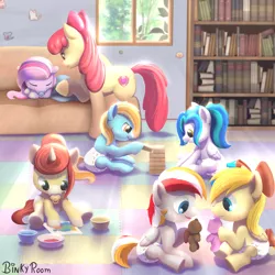 Size: 1280x1280 | Tagged: safe, artist:binkyroom, derpibooru import, apple bloom, oc, ponified, earth pony, pegasus, pony, unicorn, book, bookshelf, colored, colt, commission, cute, diaper, female, filly, foal, horn, image, jenga, male, older, older apple bloom, pacifier, playing, plushie, png, teddy bear, window, wings, ych result