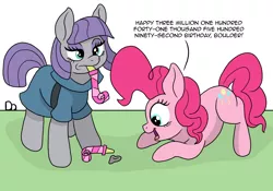 Size: 3260x2280 | Tagged: safe, artist:doodledonutart, derpibooru import, boulder (pet), maud pie, pinkie pie, earth pony, pony, atg 2022, clothes, comic, cute, dialogue, dress, excited, female, happy, image, mare, newbie artist training grounds, noisemaker, party horn, pie sisters, png, rock, siblings, simple background, sisters, trio, white background