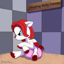 Size: 1000x1000 | Tagged: suggestive, artist:binkyroom, derpibooru import, oc, pegasus, pony, angry, blue eyes, commission, crossed arms, diaper, diaper fetish, fetish, foal, image, looking away, male, png, pouting, red mane, sitting, solo, time out, ych result