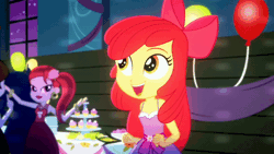Size: 600x338 | Tagged: safe, derpibooru import, screencap, apple bloom, applejack, rose heart, eqg summertime shorts, equestria girls, raise this roof, adorabloom, animated, apple bloom's bow, balloon, blinking, bow, canterlot high, cupcake, cute, fall formal outfits, female, food, gif, hair bow, image, night, nodding, offscreen character, open mouth, open smile, smiling