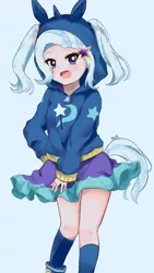 Size: 1801x3201 | Tagged: safe, artist:moh_mlp2, derpibooru import, trixie, human, blue background, clothes, cutie mark, cutie mark on clothes, female, humanized, image, jpeg, looking at you, open mouth, simple background, skirt, solo