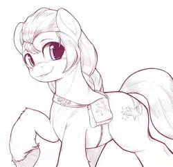 Size: 2048x1986 | Tagged: safe, artist:kurogewapony, derpibooru import, sunny starscout, earth pony, pony, bag, female, fluttershy's cutie mark, g5, image, jpeg, looking at you, mare, monochrome, rainbow dash's cutie mark, raised hoof, saddle bag, simple background, solo, twilight sparkle's cutie mark, white background