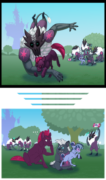 Size: 1879x3192 | Tagged: safe, artist:jackiebloom, derpibooru import, grubber, tempest shadow, oc, oc:moonstone, unofficial characters only, anthro, earth pony, hedgehog, pony, storm creature, unguligrade anthro, unicorn, my little pony: the movie, bandage, bandaid, cheering, clothes, first aid, first aid kit, flag, holding, holding a pony, image, png, royal guard, storm guard, tempest becomes a royal guard, training, tree, tripping, twilight's castle