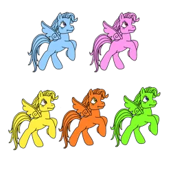 Size: 948x950 | Tagged: safe, artist:rainysweet, derpibooru import, oc, oc:alison, oc:annie, oc:brittany, oc:evelyn, oc:noelle, pegasus, pony, blue, colored, female, g3, green, image, mare, orange (color), pegasus oc, pink, png, quintet, simple background, smiling, transparent background, wings, yellow