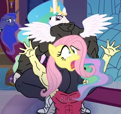 Size: 1080x1015 | Tagged: suggestive, artist:falses, derpibooru import, edit, fluttershy, princess celestia, princess luna, alicorn, anthro, pegasus, plantigrade anthro, ass, broly, butt, culo, cursed image, female, image, meme, png, spread wings, wat, wings