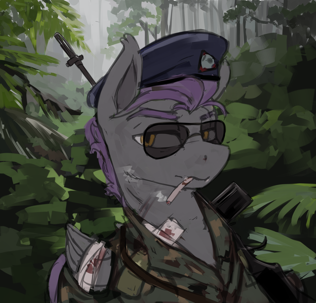 Size: 4573x4400 | Tagged: safe, artist:kelkessel, derpibooru import, oc, oc:argentus, bat pony, pony, equestria at war mod, bandage, beret, camouflage, cigarette, clothes, gun, hat, image, injured, jungle, looking at you, mercenary, military uniform, png, smoking, solo, sunglasses, uniform, weapon