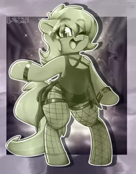 Size: 1018x1302 | Tagged: suggestive, artist:llametsul, derpibooru import, ms. harshwhinny, earth pony, pony, atg 2022, bipedal, blurry background, blushing, bracelet, chest fluff, choker, clothes, cute, dancing, dress, ear piercing, earring, female, fishnets, image, jewelry, looking at you, mare, monochrome, newbie artist training grounds, open mouth, open smile, panties, piercing, png, see-through, signature, smiling, socks, solo, sparkles, stockings, straps, thigh highs, underwear