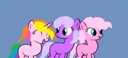 Size: 1280x584 | Tagged: safe, artist:disneyponyfan, derpibooru import, pinkie pie (g3), rarity (g3), wysteria, earth pony, pony, unicorn, base used, best friends, blank flank, blue background, blue eyes, cute, eyes closed, female, g3, g3 diapinkes, g3 raribetes, g3 to g4, g4, generation leap, image, jpeg, mare, ms paint, multicolored hair, multicolored mane, multicolored tail, open mouth, open smile, pink hair, pink mane, pink tail, purple hair, purple mane, purple tail, simple background, smiling, tail, talking, trio, wysteriadorable