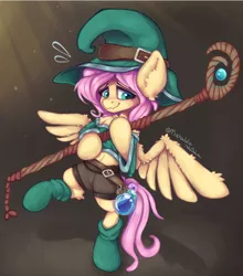 Size: 1764x2001 | Tagged: safe, artist:mochalula, derpibooru import, fluttershy, pegasus, pony, clothes, fantasy class, female, hat, image, mage, mare, png, potion, simple background, socks, solo, spread wings, staff, wings, wizard hat
