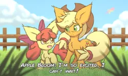Size: 3500x2100 | Tagged: safe, artist:ssb5, artist:supasurida, derpibooru import, apple bloom, applejack, earth pony, pony, bench, big ears, duo, duo female, female, fence, filly, fluffy, foal, grass, grass field, happy, image, impossibly large ears, mare, png, siblings, sisters, text