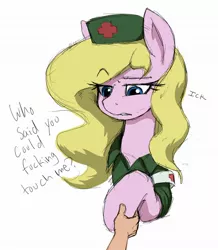Size: 1686x1936 | Tagged: safe, artist:anearbyanimal, oc, oc:nurse bonesaw, unofficial characters only, earth pony, human, pony, clothes, dialogue, earth pony oc, eyebrows visible through hair, female, hat, holding hooves, human on pony hoof holding, image, jpeg, mare, nurse, offscreen character, raised eyebrow, simple background, uniform, vulgar, white background
