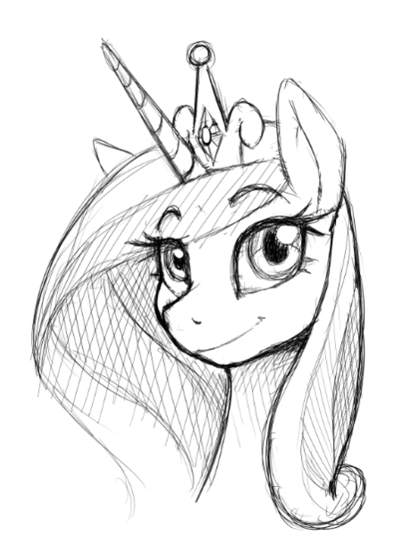 Size: 451x601 | Tagged: safe, artist:anearbyanimal, princess cadance, alicorn, pony, bust, crown, eye clipping through hair, eyebrows visible through hair, female, horn, image, jewelry, looking at you, mare, monochrome, png, portrait, regalia, smiling, solo