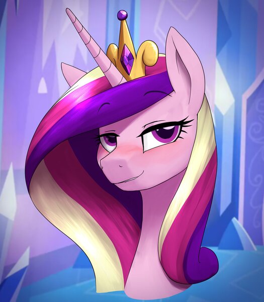 Size: 1400x1600 | Tagged: safe, alternate version, artist:anearbyanimal, part of a set, princess cadance, alicorn, pony, blushing, bust, crown, eyebrows visible through hair, female, horn, image, jewelry, jpeg, lidded eyes, lip bite, looking at you, mare, portrait, regalia, smiling, solo