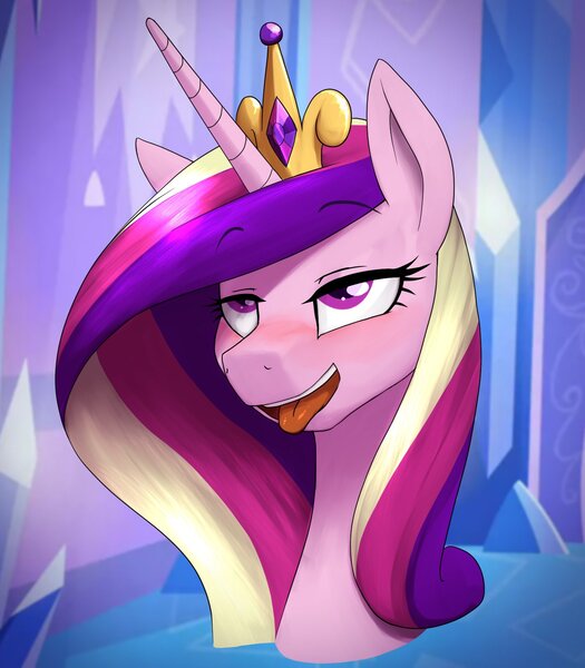 Size: 1400x1600 | Tagged: suggestive, alternate version, artist:anearbyanimal, part of a set, princess cadance, alicorn, pony, ahegao, blushing, bust, crown, eyebrows visible through hair, female, horn, image, jewelry, jpeg, mare, open mouth, portrait, regalia, solo, tongue out