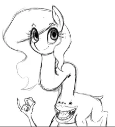 Size: 591x653 | Tagged: safe, artist:anearbyanimal, oc, oc:nurse bonesaw, unofficial characters only, pony, dock, eye clipping through hair, female, image, long neck, looking at you, mare, monochrome, monster, open mouth, png, sharp teeth, smiling, teeth, wat