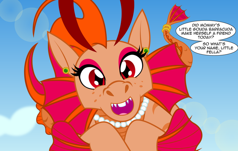 Size: 3356x2135 | Tagged: safe, artist:badumsquish, derpibooru import, oc, oc:adagio dazzle's mother, unofficial characters only, siren, bangle, bracelet, crossed hooves, derpibooru exclusive, dialogue, ear piercing, earring, eyeshadow, female, freckles, friendly, grin, high res, image, jewelry, lens flare, looking at you, low angle, makeup, mother, necklace, nickname, offscreen character, open mouth, pearl necklace, piercing, png, pov, show accurate, siren oc, sky, smiling, solo, tail, tail wrap, talking to viewer