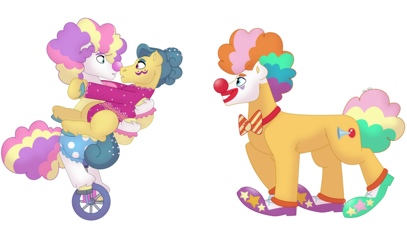 Size: 1280x732 | Tagged: safe, artist:itstechtock, derpibooru import, big top, trapeze star, earth pony, pony, bowtie, circus peanut, clown, clown makeup, clown nose, image, png, red nose, simple background, transparent background, unicycle